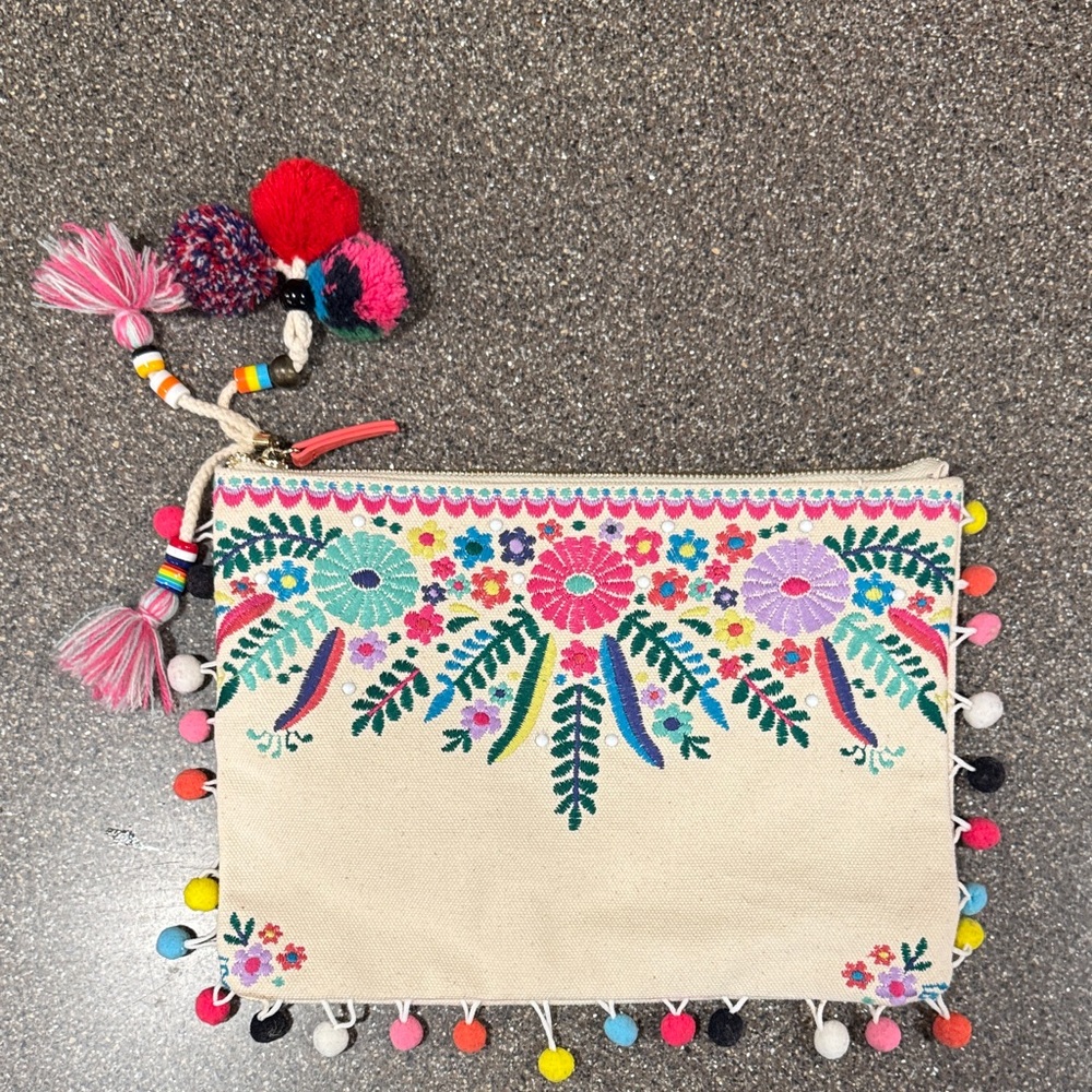 Embroidered Floral Clutch with Tassels